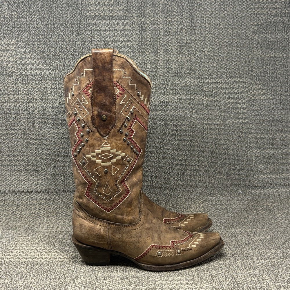 Corral C2945 Women's 7M Brown Leather Studded Embroidered Aztec Western Boots